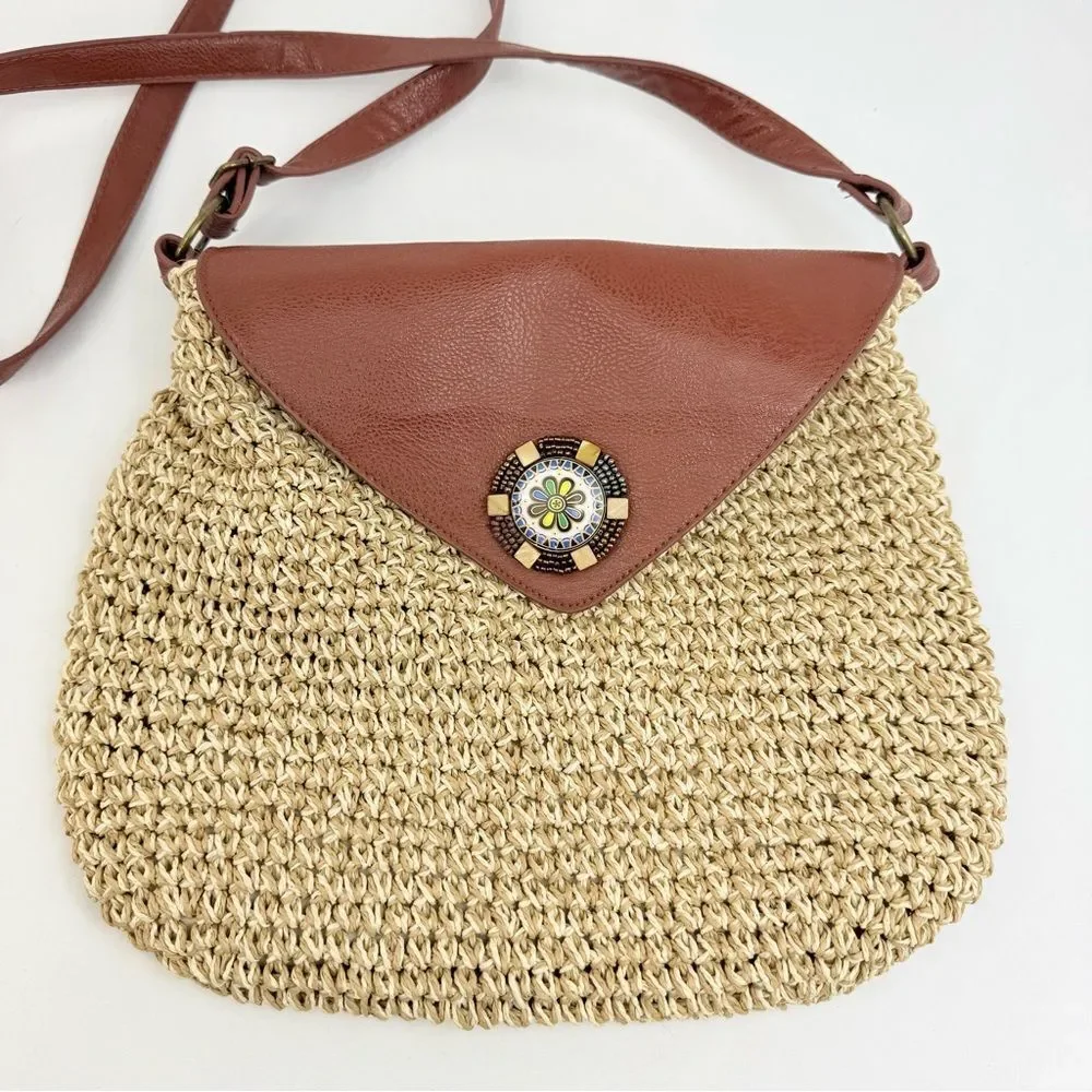 Sun N Sands Tan Woven Jute Faux Leather Bead Medallion Flap Crossbody Bag